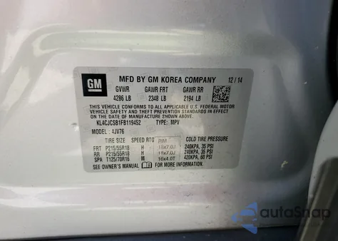 2015 Buick Encore из США, поврежденный, VIN KL4CJCSB1FB119452